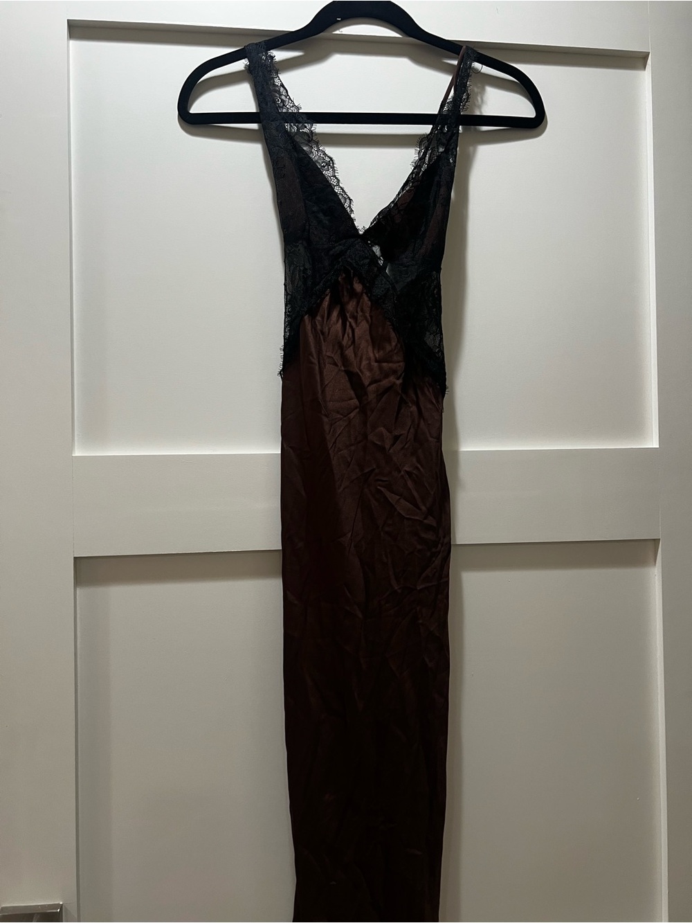 Victoria's Secret Brown Satin Slip with Black Lace Trim